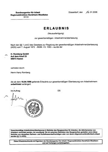 Vorschau der Erlaubnisurkunde der Bundesagentur für Arbeit zur Arbeitnehmerüberlassung