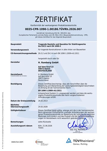 Vorschau des Zertifikats über die werkseigene Produktionskontrolle nach EN 1090-1