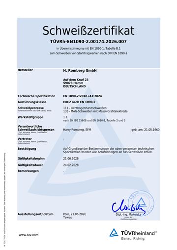 Vorschau des Schweißzertifikats nach EN 1090-2 von TÜV Rheinland