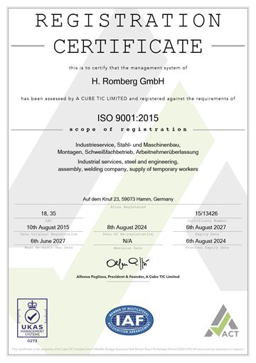 Vorschau des ISO-9001:2015-Zertifikats der H. Romberg GmbH